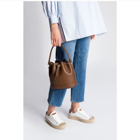 Tory Burch T Monogram Leather Moose Brown Bucket Bag Luxury NWOT! - Picture 3 of 9